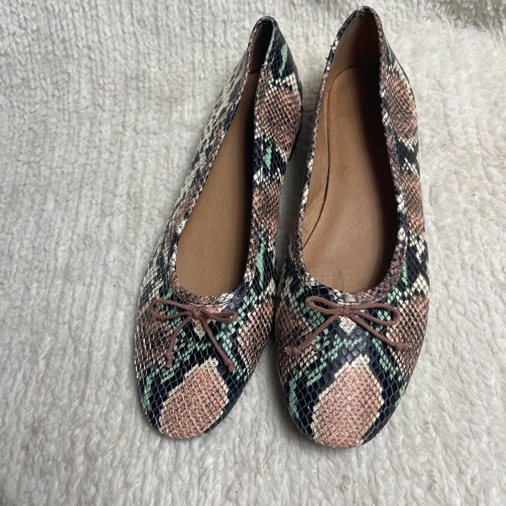 Madewell Adele Multicolor leather Snakeskin slip on Flats bow accent SZ10.